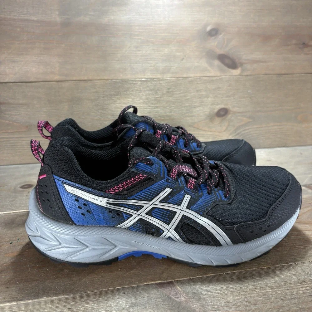 Asics Gel Venture 9 Womens size 7.5 Wide shoes Black Blue Trail sneakers